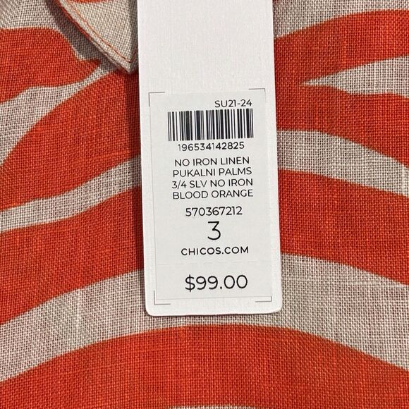 Chicos Linen Button-Up Shirt No iron Blood Orange Tan Palms Size 3 XL NWT - Picture 10 of 11